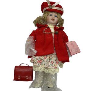 Design Debut Porcelain Doll 14” Open Box Red Coat Purse Hat Curly Blond Blue Eye